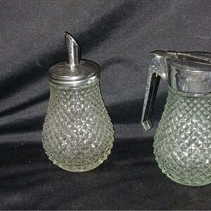 Vintage Diamond Glass Sugar Syrup Dispenser Set